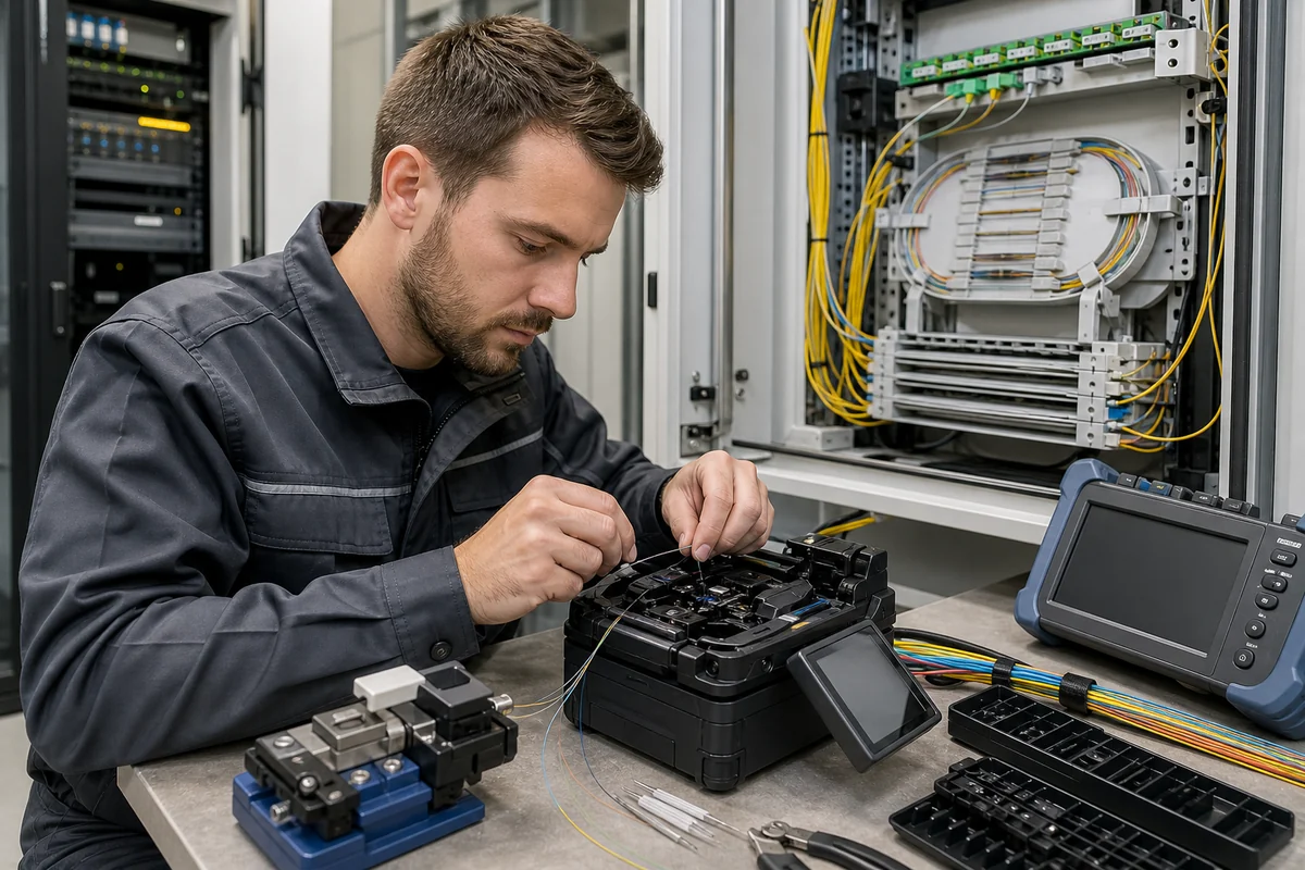 Fachgerechtes Fusionsspleißen einer Glasfaserleitung mit LWL-Messtechnik